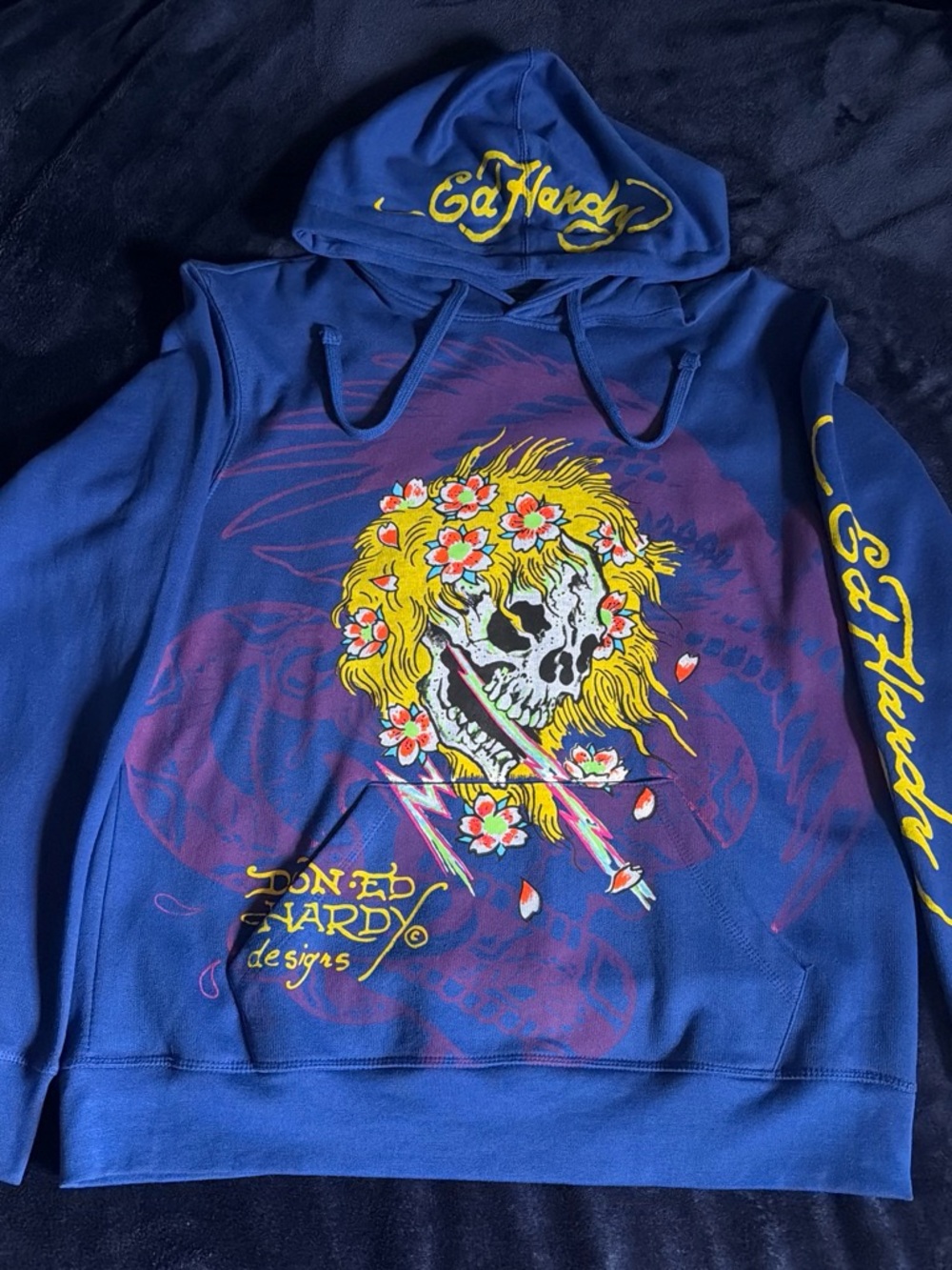 Ed Hardy Blue Crewneck Hoodie with Yellow Floral Skull Graphic with Lazer
